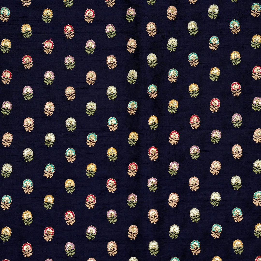 Gulfi Buti on Navy Blue Raw Silk Embroidered Fabric