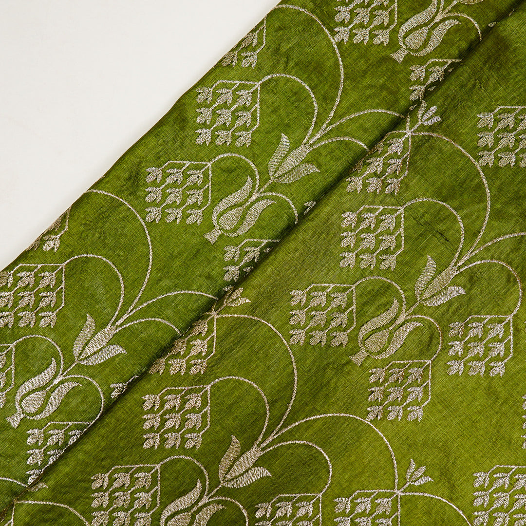 Bushra Jaal On Olive Green Tussar Silk Embroidered Fabric