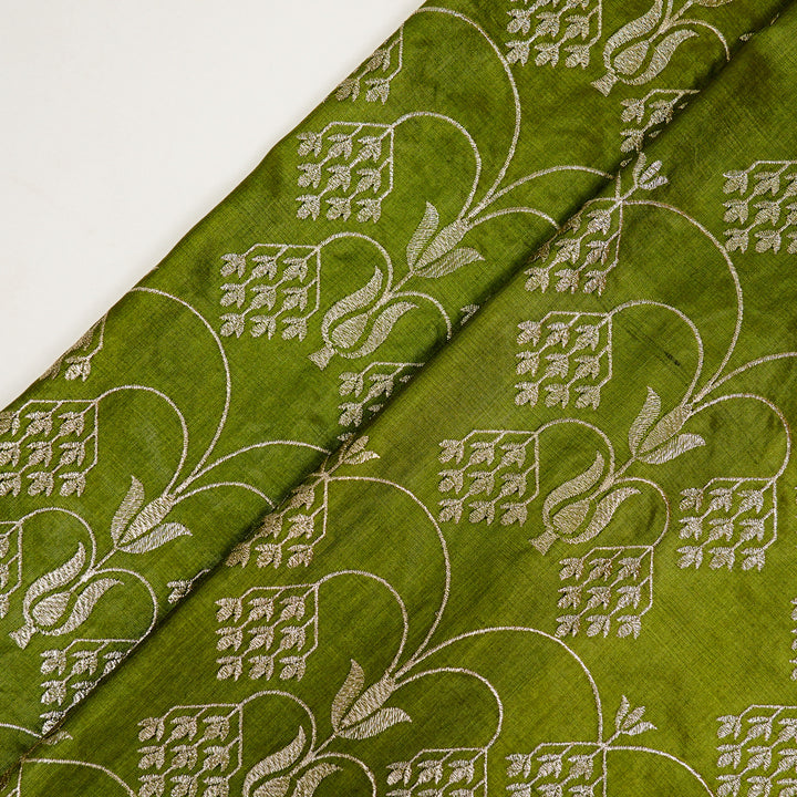 Bushra Jaal On Olive Green Tussar Silk Embroidered Fabric