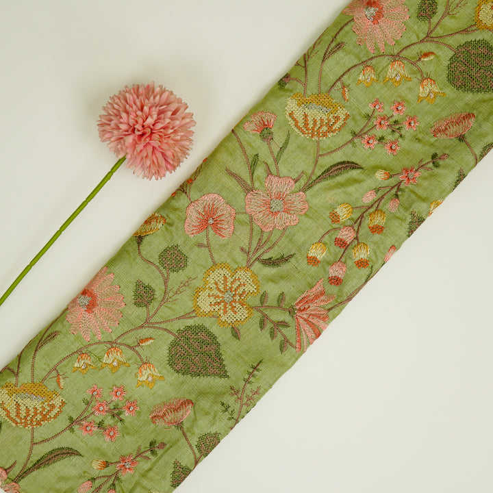 Kanan Jaal On Olive Green Tussar Silk Embroidered Fabric
