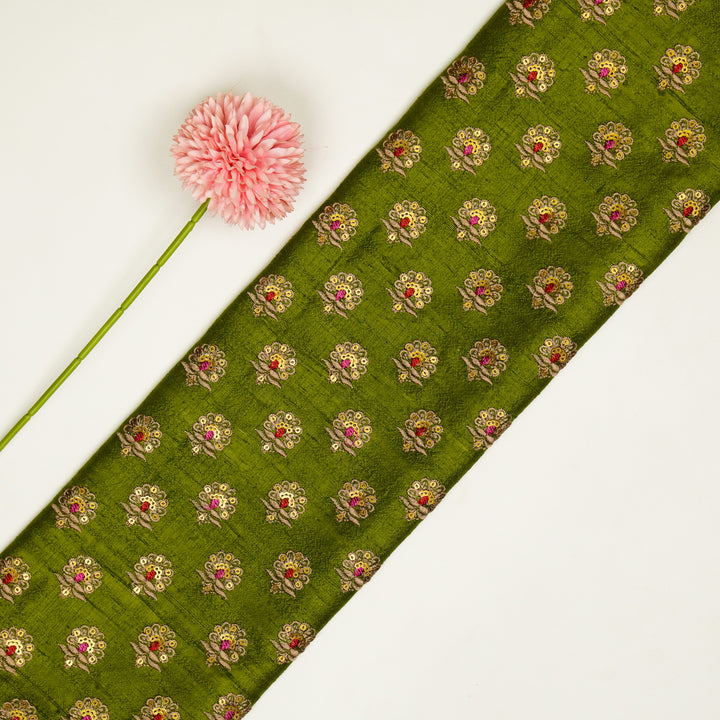 Muneer Buti on Olive Green Raw Silk Embroidered Fabric