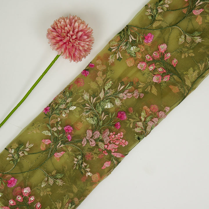 Nazm Jaal on Olive Silk Organza Embroidered Fabric