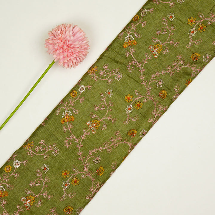 Latika Jaal On Olive Tussar Silk Embroidered Fabric