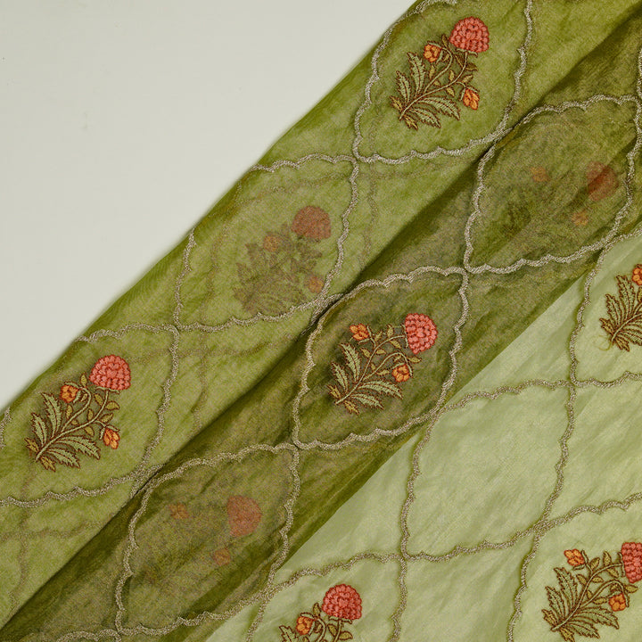 Nasreen Jaal on Olive Silk Tissue  Embroidered Fabric