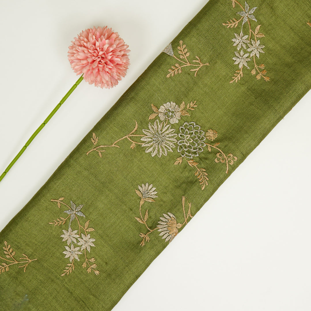 Mahzar Jaal On Olive Tussar Silk Embroidered Fabric