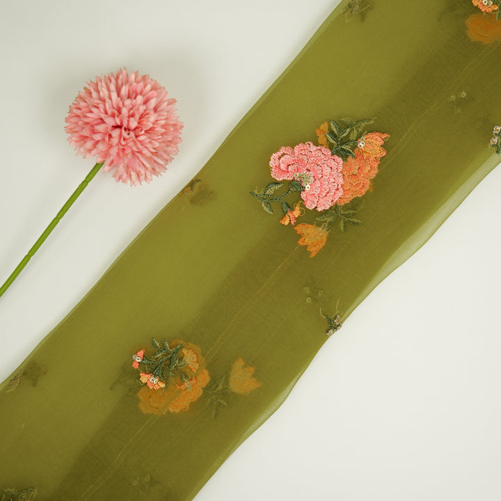 Guldan Buta on Olive Silk Organza Embroidered Fabric