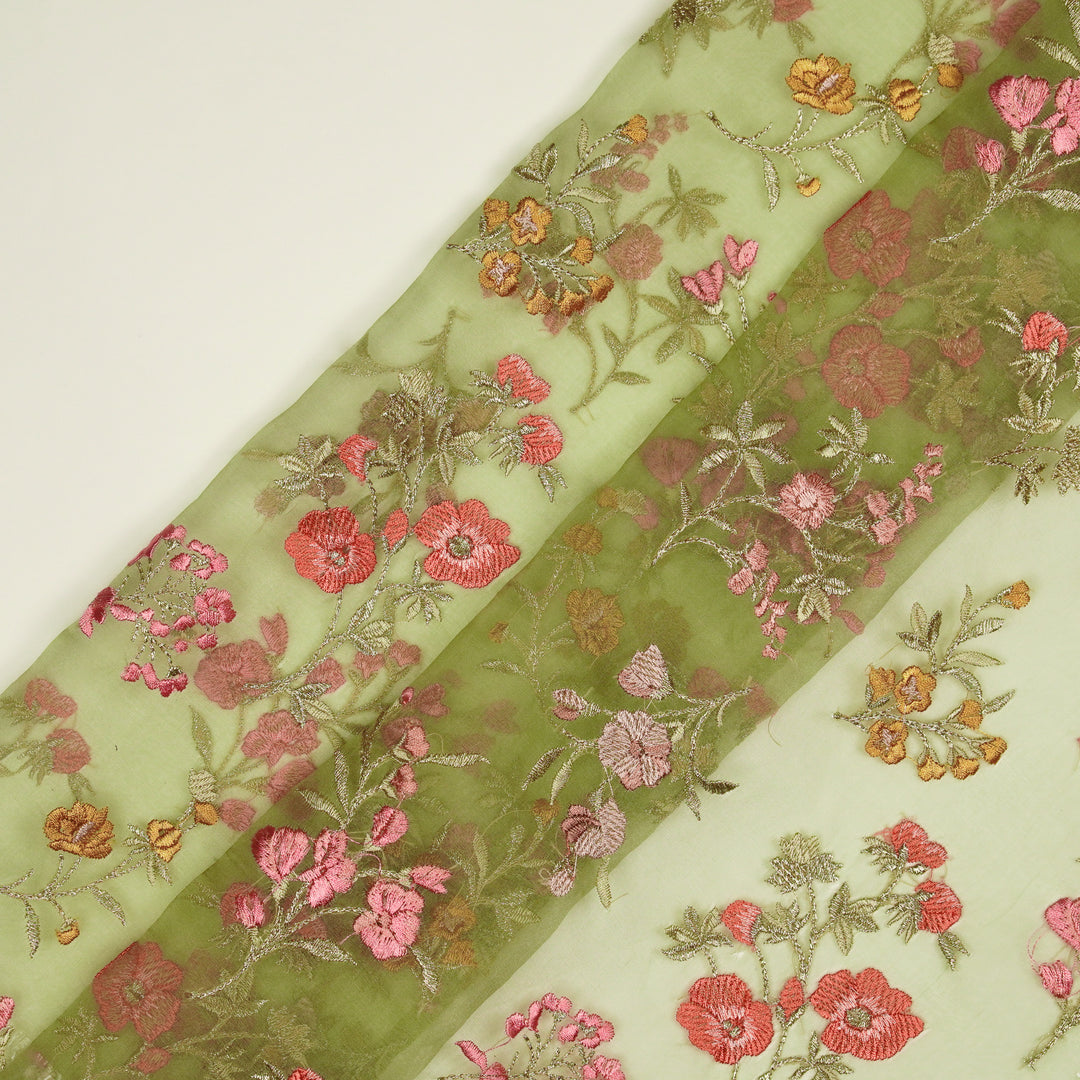 Basira Jaal on Olive Silk Organza Embroidered Fabric