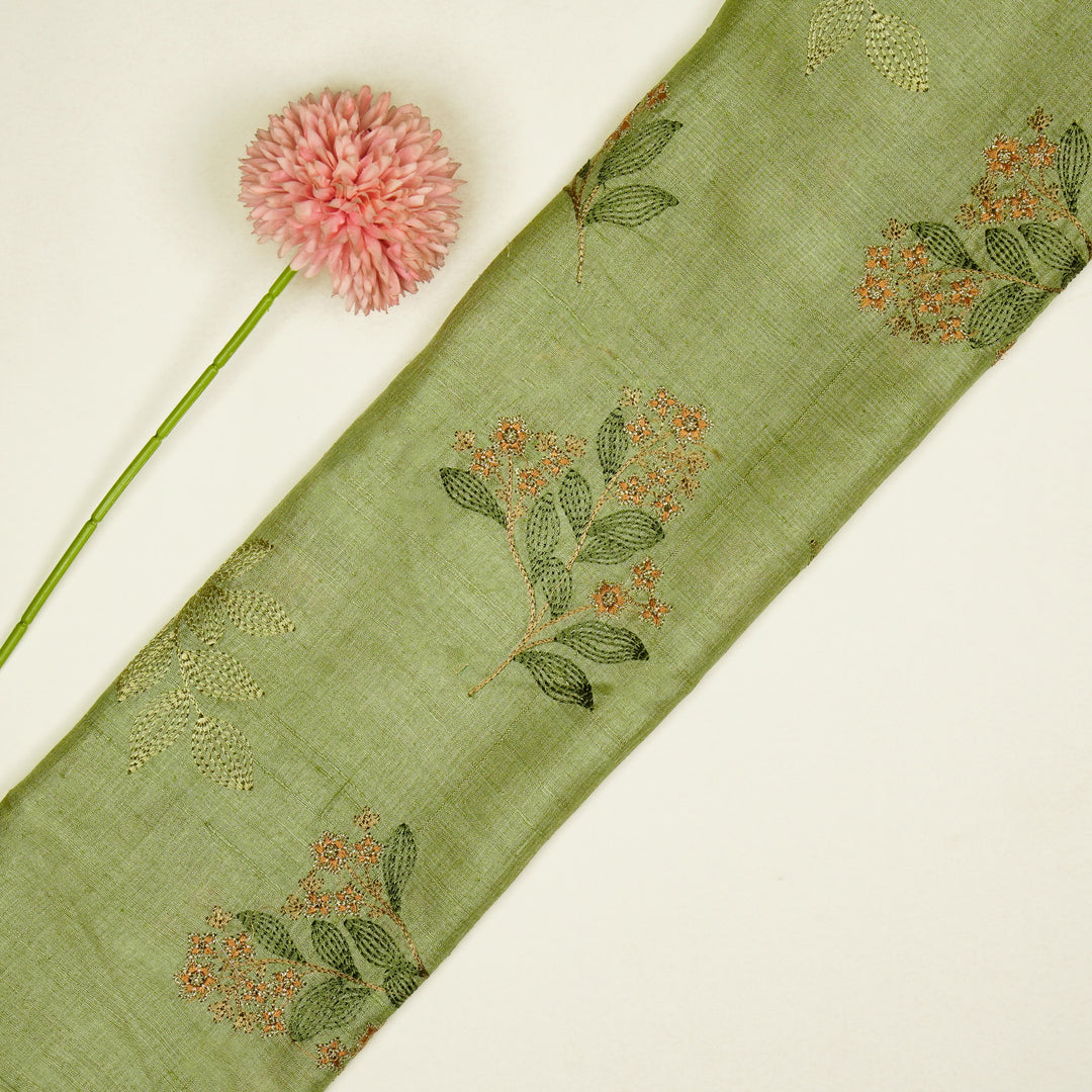 Kisalay Buta On Olive Green Tussar Silk Embroidered Fabric