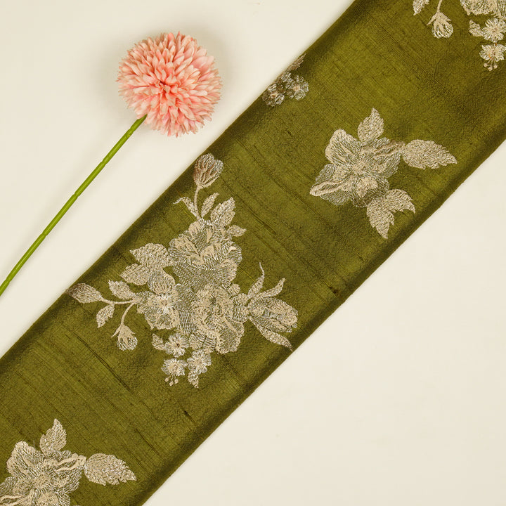 Taru Buta on Olive Raw Silk Embroidered Fabric