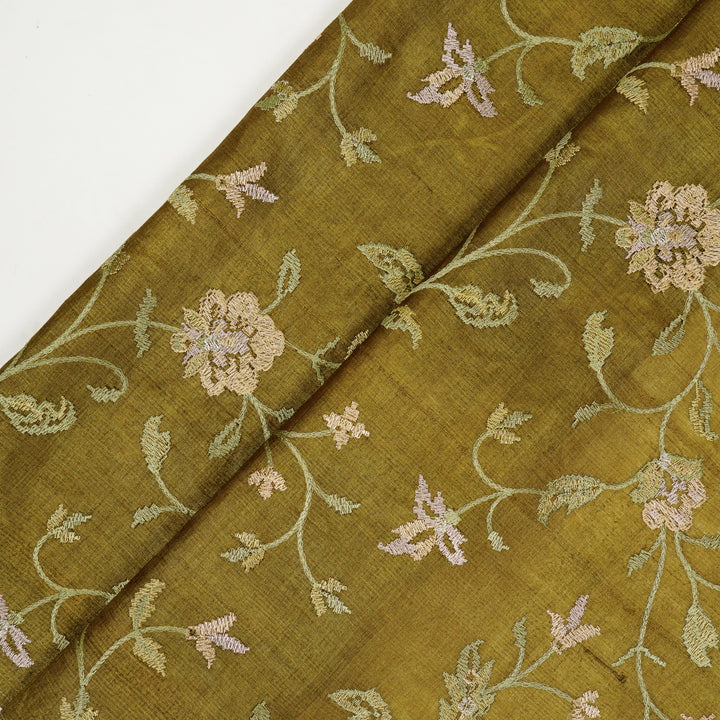 Serena Jaal On Olive Tussar Silk Embroidered Fabric