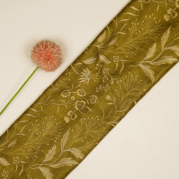 Tarali Jaal On Olive Tussar Silk Embroidered Fabric