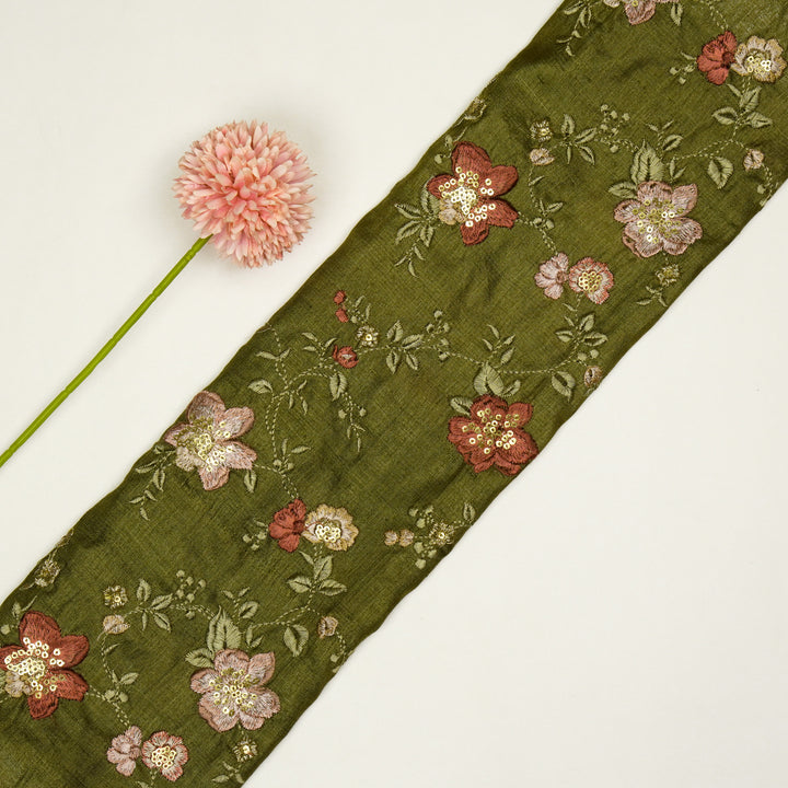 Rabab Jaal On Olive Tussar Silk Embroidered Fabric