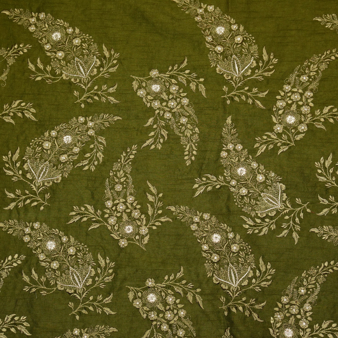 Zohra Buta on Olive Semi Raw Silk Embroidered Fabric
