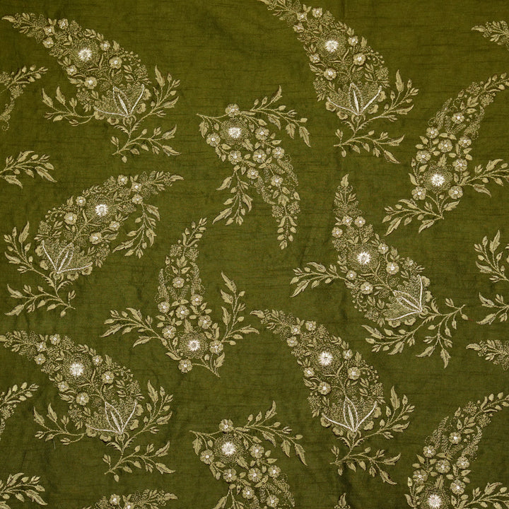 Zohra Buta on Olive Semi Raw Silk Embroidered Fabric