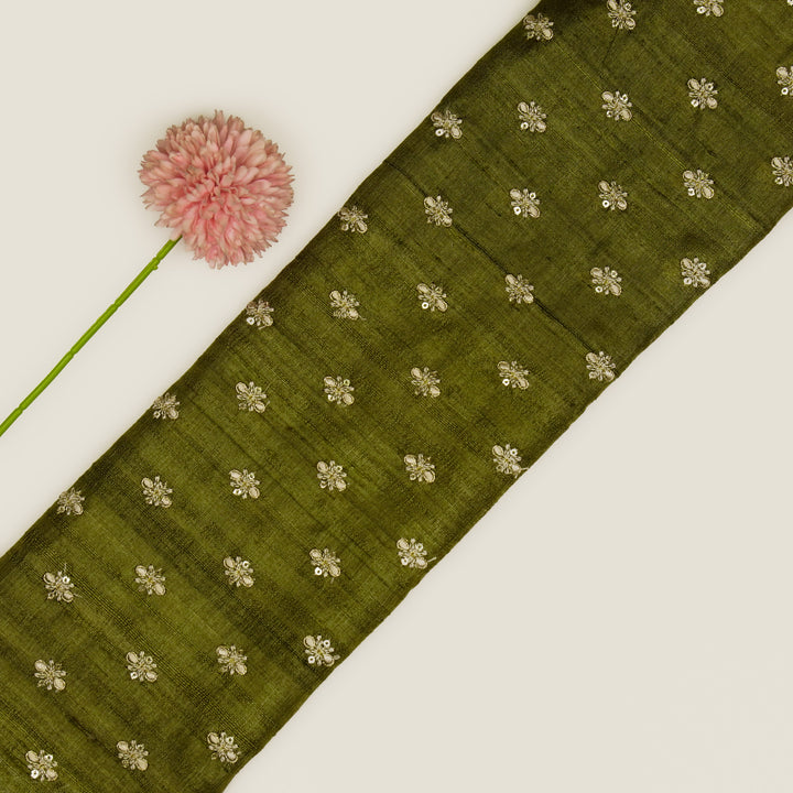 Bindra Buti On Olive Tussar Silk Embroidered Fabric