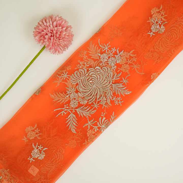Zaraf Buta on Orange Silk Organza Embroidered Fabric