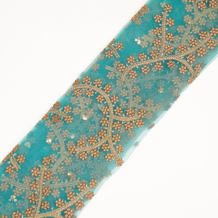 Pahal Jaal on Turquoise Net Embroidered Fabric