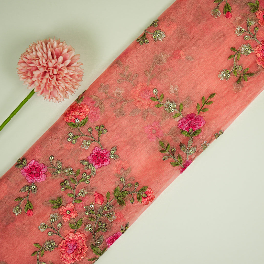 Saanjh Jaal on Peach Silk Organza Embroidered Fabric