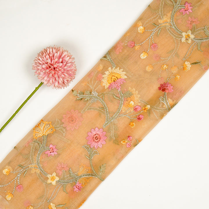 Riha Jaal on Peach Silk Organza Embroidered Fabric