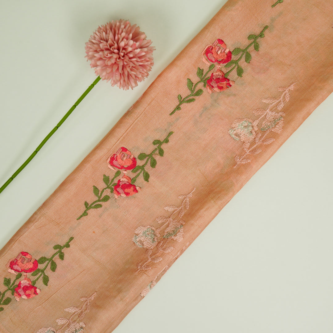 Noura Buta On Peach Tussar Silk Embroidered Fabric