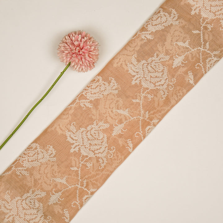 Hansa Jaal on Peach Cotton Silk Embroidered Fabric