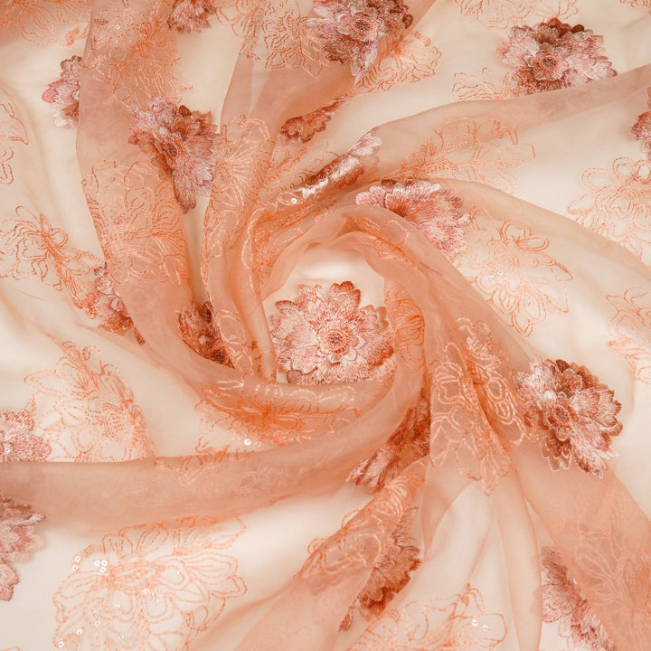 Sanoja Buta on Peach Silk Organza Embroidered Fabric