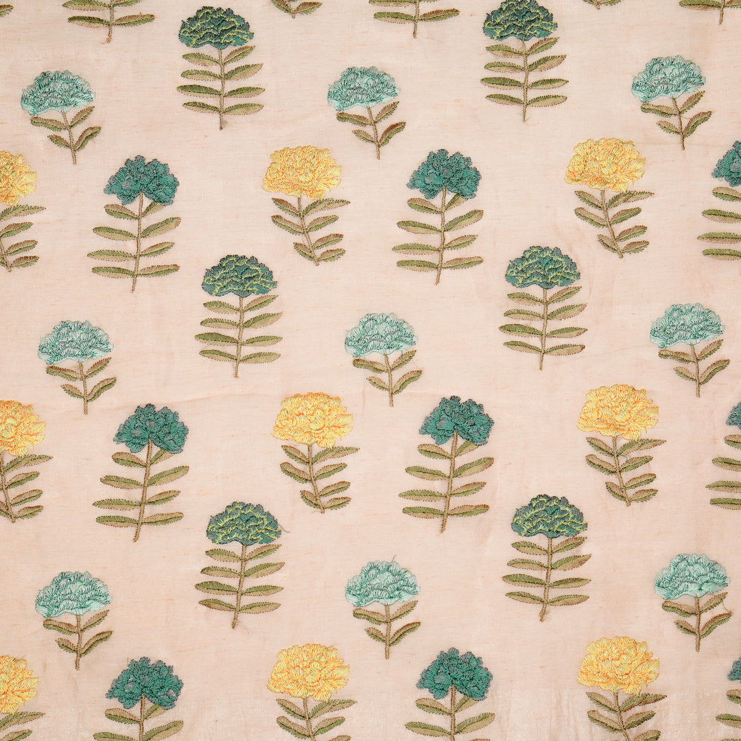 Nayla Buta on Peach Silk Linen Embroidered Fabric