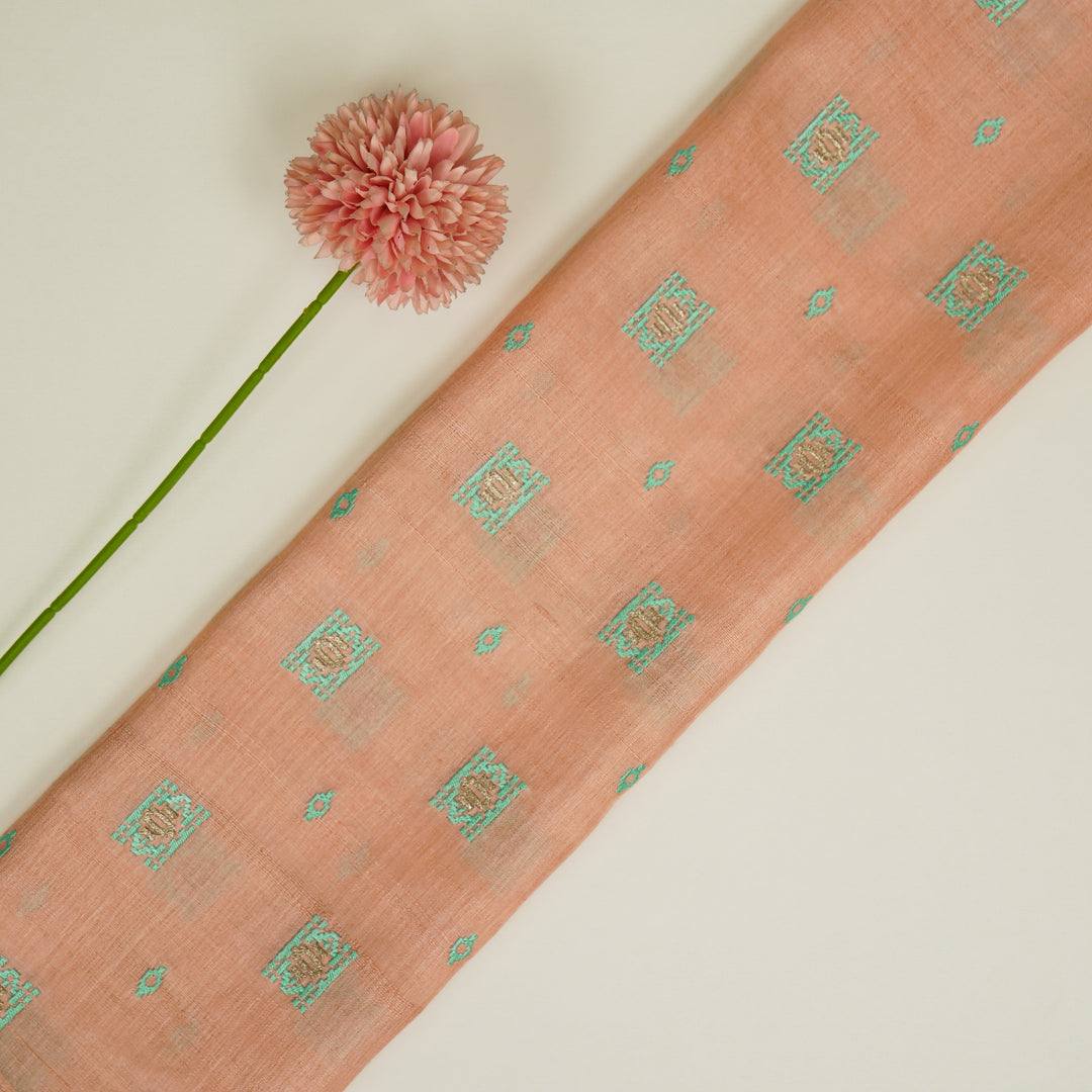 Nishan Buti On Peach Tussar Silk Embroidered Fabric
