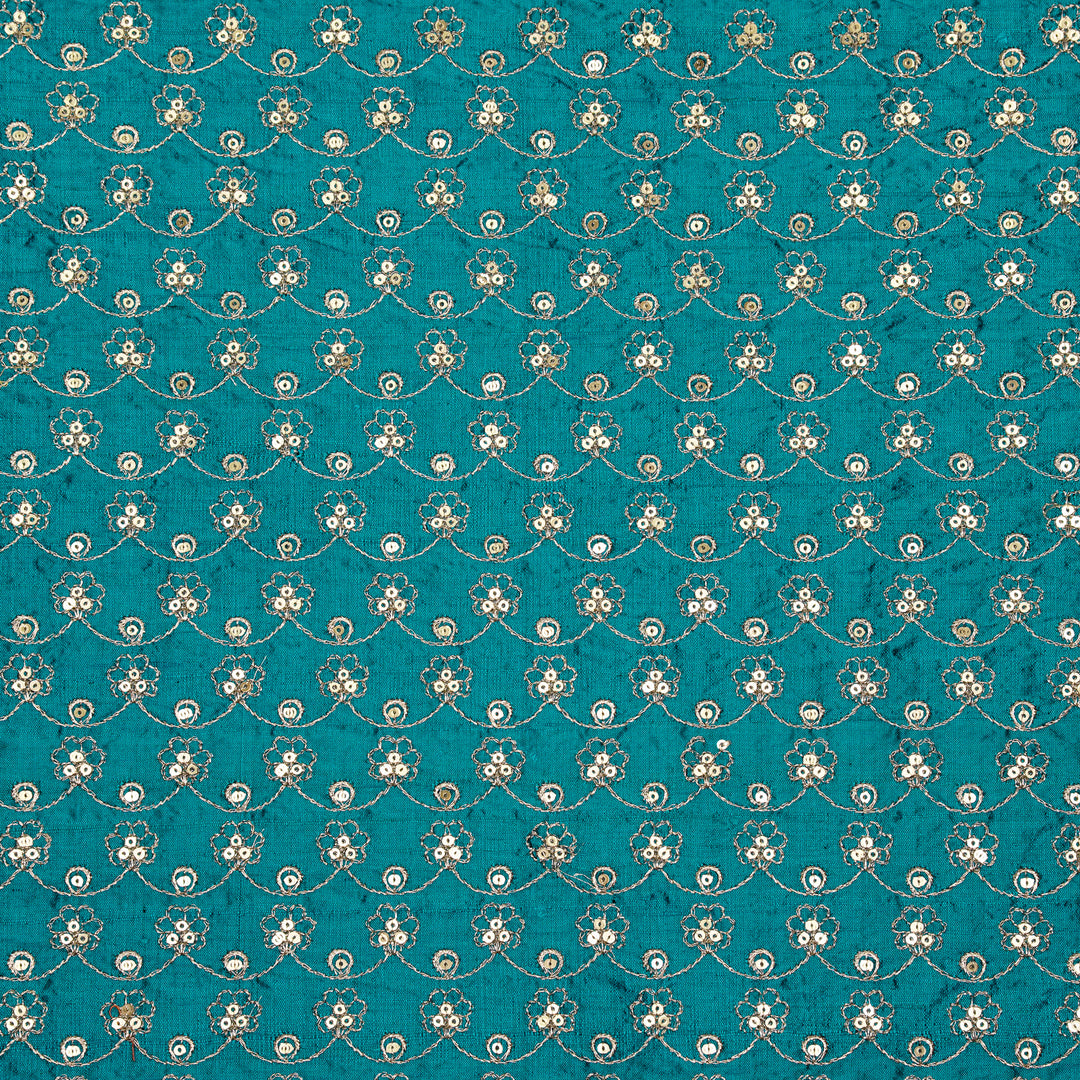 Varnika Jaal on Peacock Blue Raw Silk Embroidered Fabric