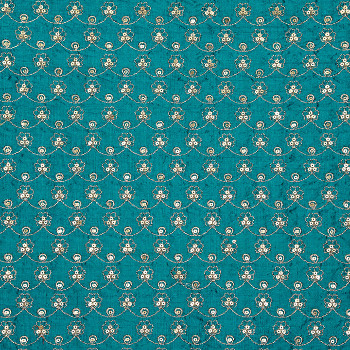 Varnika Jaal on Peacock Blue Raw Silk Embroidered Fabric