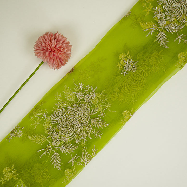 Zaraf Buta on Lime Green Silk Organza Embroidered Fabric