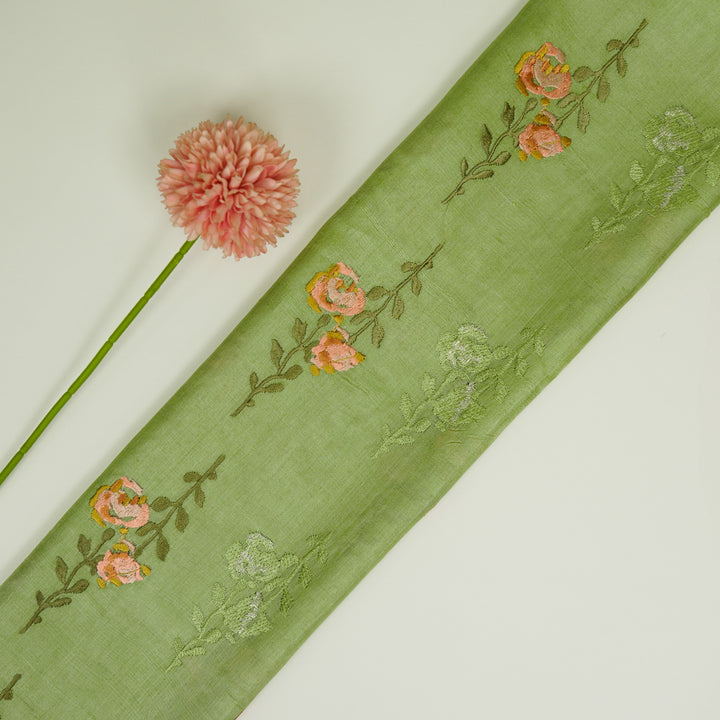 Noura Buta On Pista Green Tussar Silk Embroidered Fabric