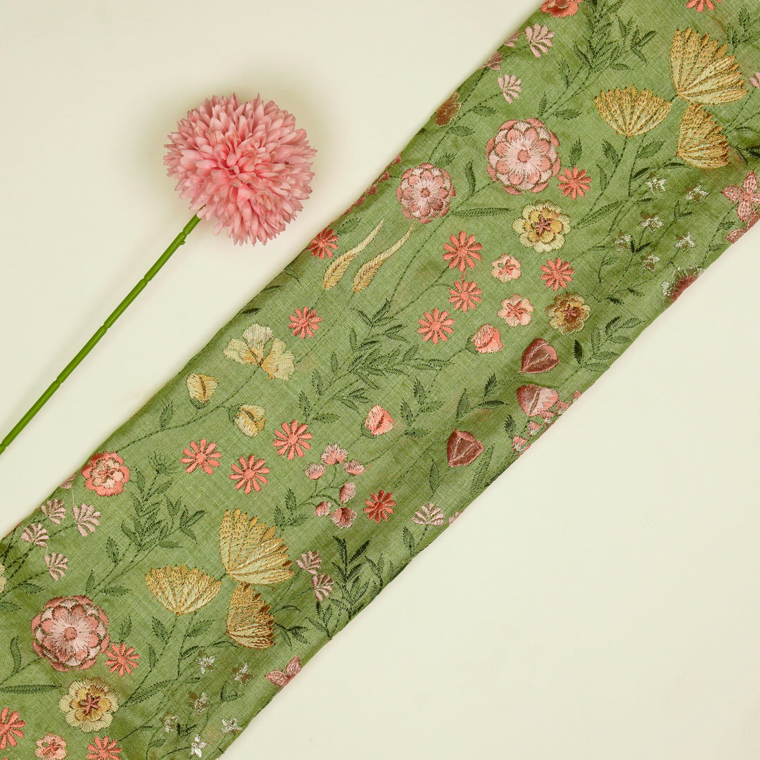 Madhuban Jaal On Pista Green Tussar Silk Embroidered Fabric