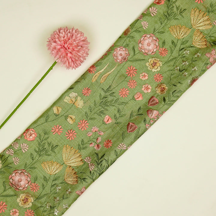 Madhuban Jaal On Pista Green Tussar Silk Embroidered Fabric