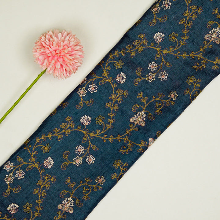 Latika Jaal On Prussian Blue Tussar Silk Embroidered Fabric