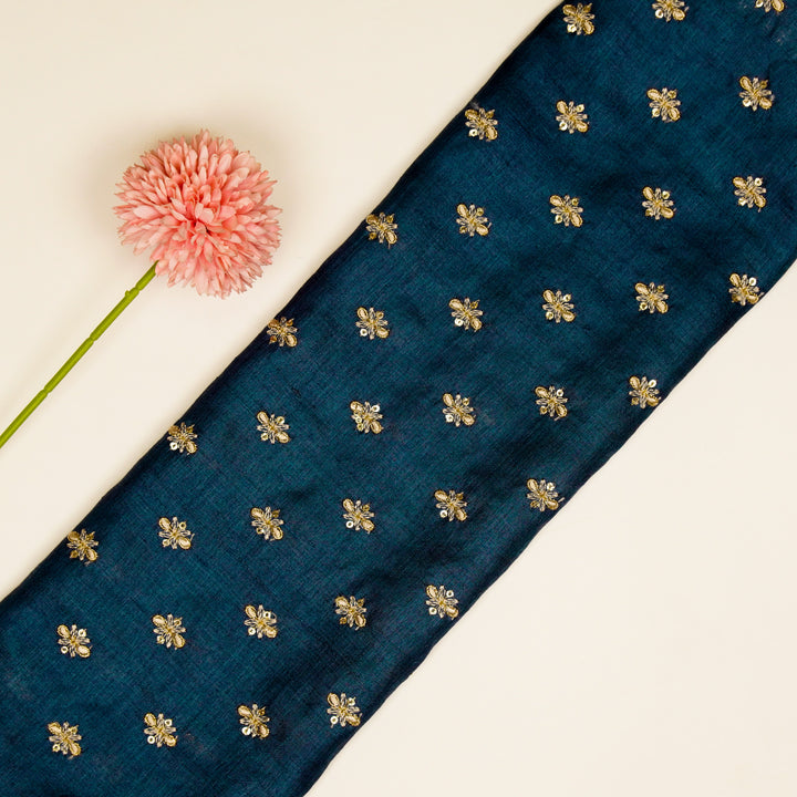 Bindra Buti On Prussian Blue Tussar Silk Embroidered Fabric