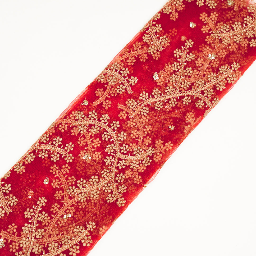 Pahal Jaal on Red Net Embroidered Fabric