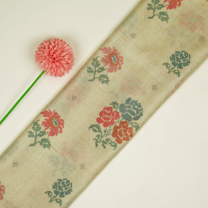 Noorain Buta On Light Olive Tussar Silk Embroidered Fabric