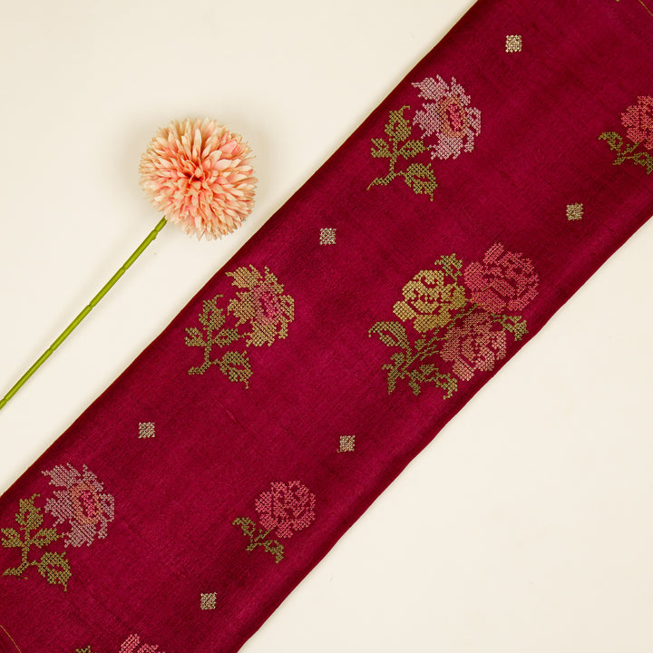 Noorain Buta On Magenta Tussar Silk Embroidered Fabric