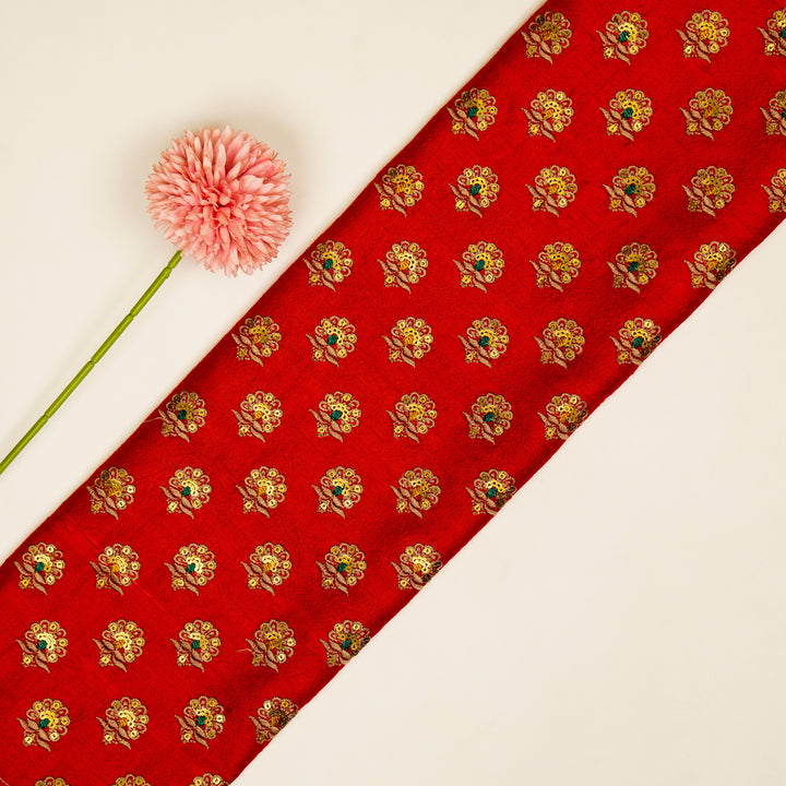 Muneer Buti on Red Raw Silk Embroidered Fabric