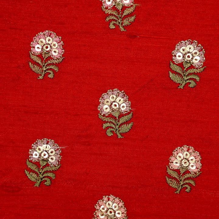Gulfi Buti on Red Raw Silk Embroidered Fabric
