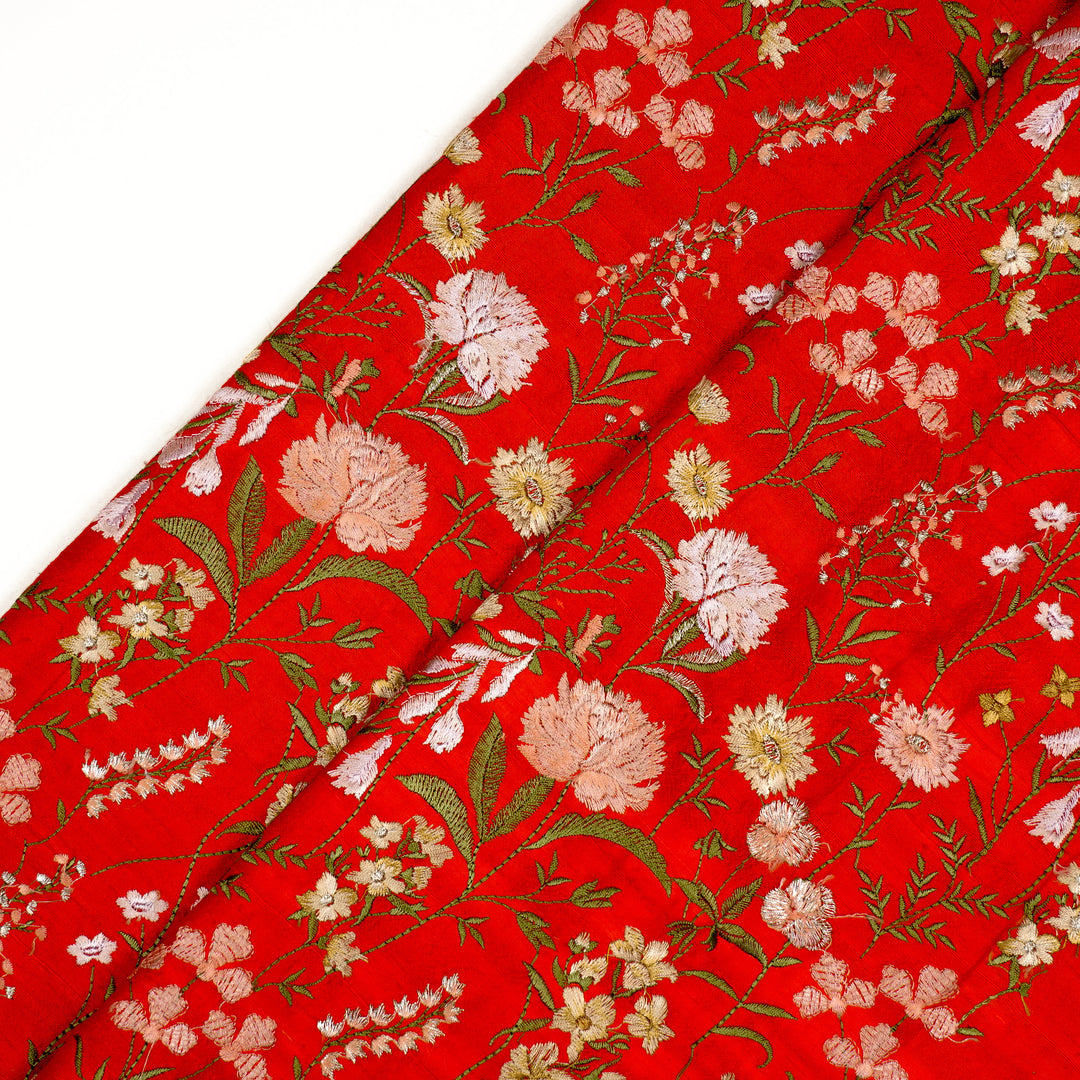 Mehvish Jaal on Red Raw Silk Embroidered Fabric