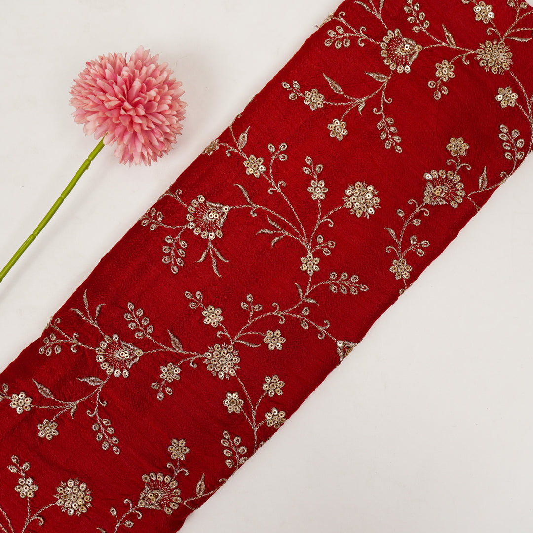 Floral Crown Jaal of Zari with Sequin Touch on Red Semi Raw Silk