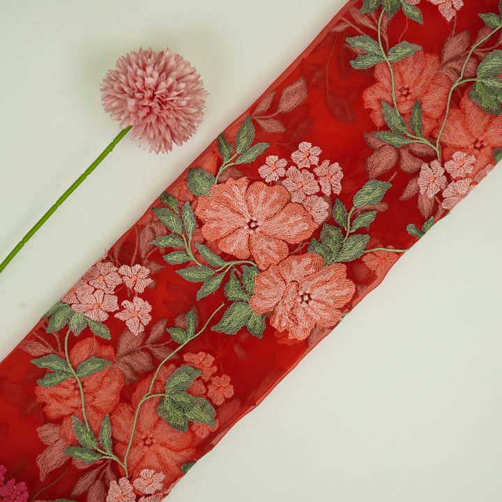Afsoon Floral Jaal on Red Silk Organza Embroidered Fabric