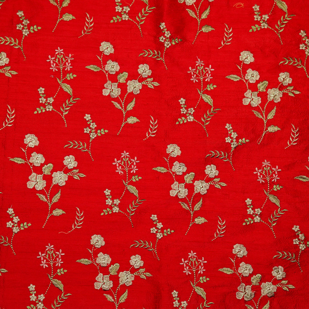 Nura Buta on Red Raw Silk Embroidered Fabric