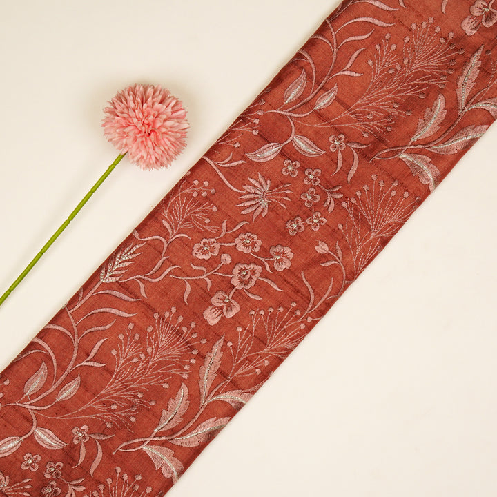 Tarali Jaal On Rust Tussar Silk Embroidered Fabric