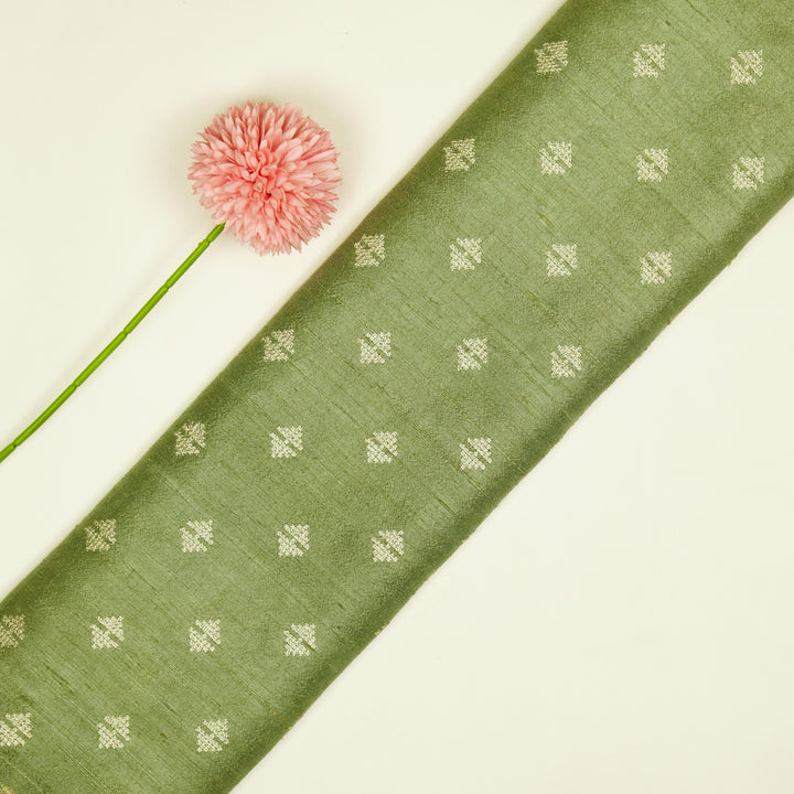 Naqsh Buti on Sage Green Raw Silk Embroidered Fabric