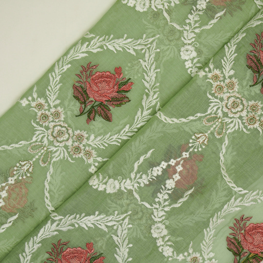 Roseen Jaal on Sea Green Cotton Silk Embroidered Fabric