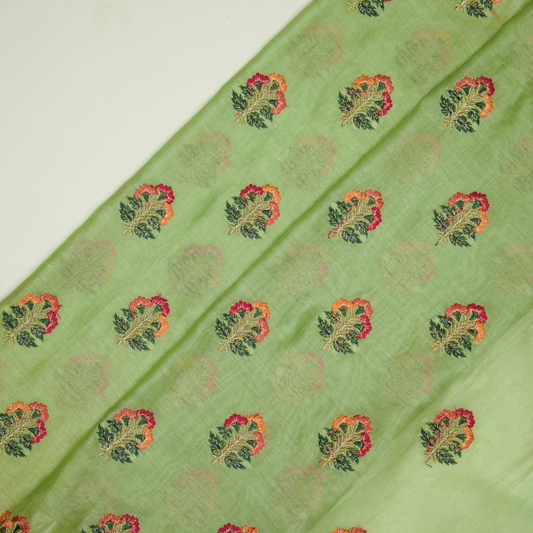 Pushpi Buti on Sea Green Silk Chanderi Embroidered Fabric