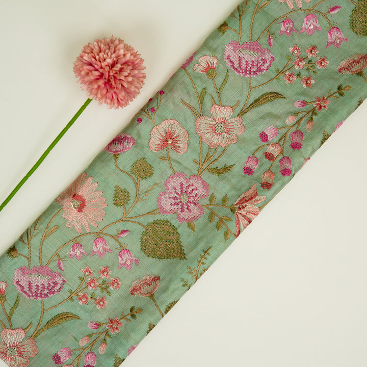 Kanan Jaal On Sea Green Tussar Silk Embroidered Fabric